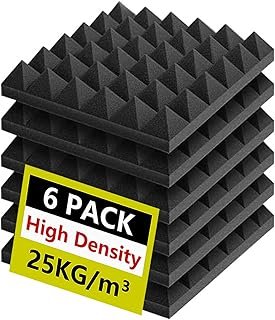 Foneso Acoustic Foam Panels 12'' x 12'' x 2'', Sound Insulation Wall, Pack of 6 Black Acoustic Foam Mats for Podcast Recording, Sound Studio, Playrooms, TV Rooms and Offices