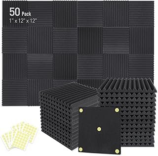 Focusound 50 Pack Acoustic Foam Panels 1" x 12" x 12" Sound Proof Foam Panles Soundproofing Noise Cancelling Wedge Panels for Home Office Recoding Studio with 300PCS Double-Side Adhesive