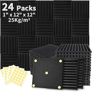 Focusound 24 Pack Acoustic Foam Panels 1" x 12" x 12" Sound Proof Foam Panles Soundproofing Noise Cancelling Wedge Panels for Home Office Recoding Studio with 140PCS Double-Side Adhesive