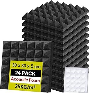 Foneso Acoustic Foam Panels 12'' x 12'' x 2'', Sound Insulation Wall, Pack of 24 Black Acoustic Foam Mats for Sound Studio, Podcast Recording, TV Room, Playrooms and Offices