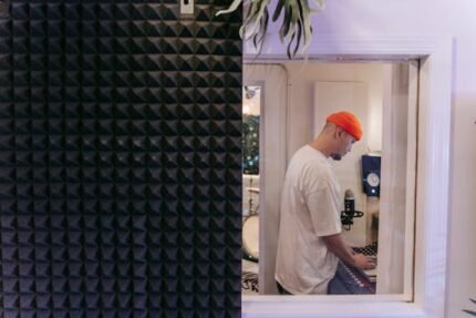 Side view of a man in a music studio with soundproof material, focused on a laptop.